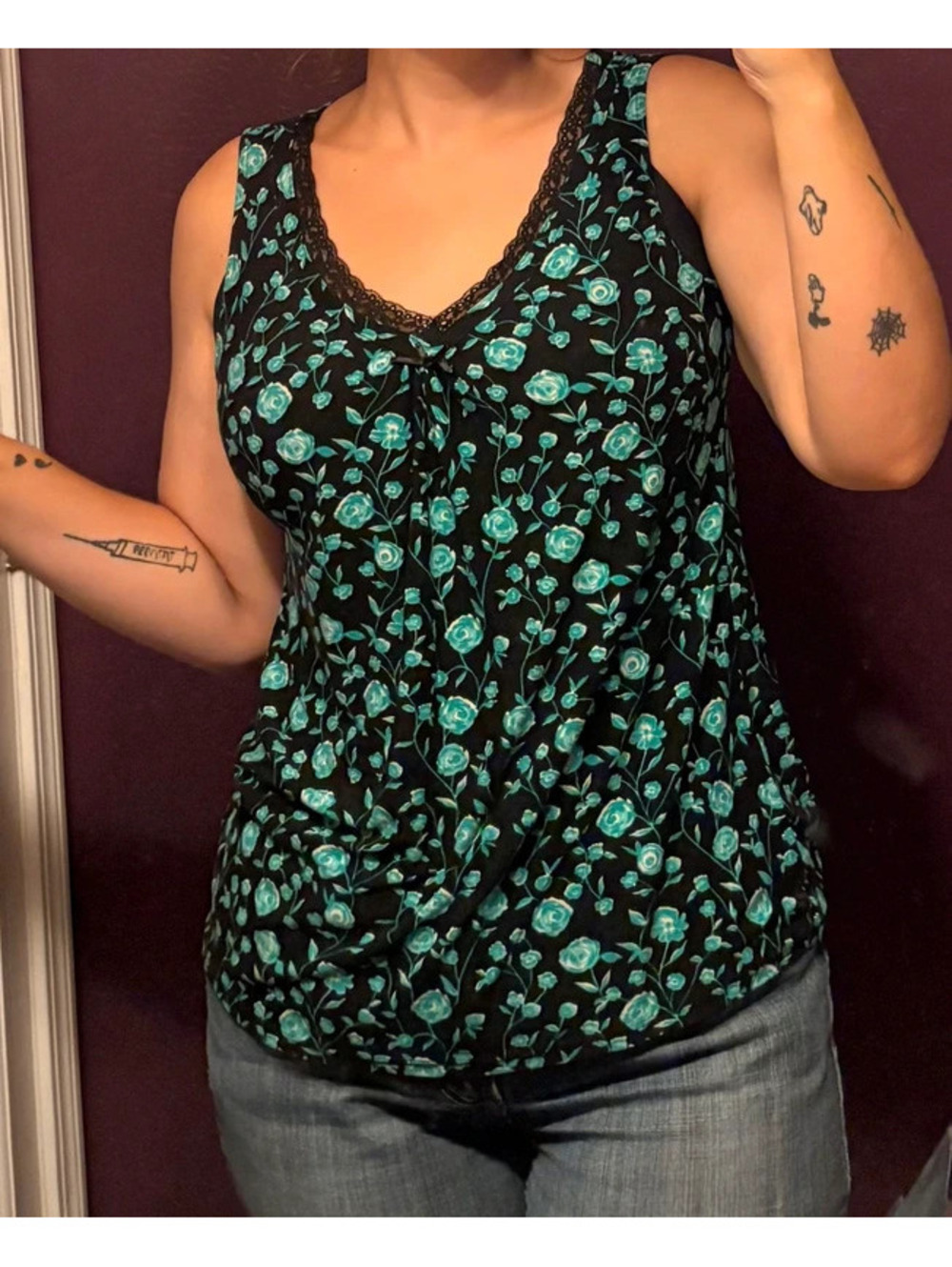 Whimsy Goth Lace trimmed black and blue floral cami
